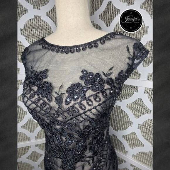 Cachet Charcoal Applique Illusion Tulle Mermaid Evening Gown Size 4 - Picture 2 of 16